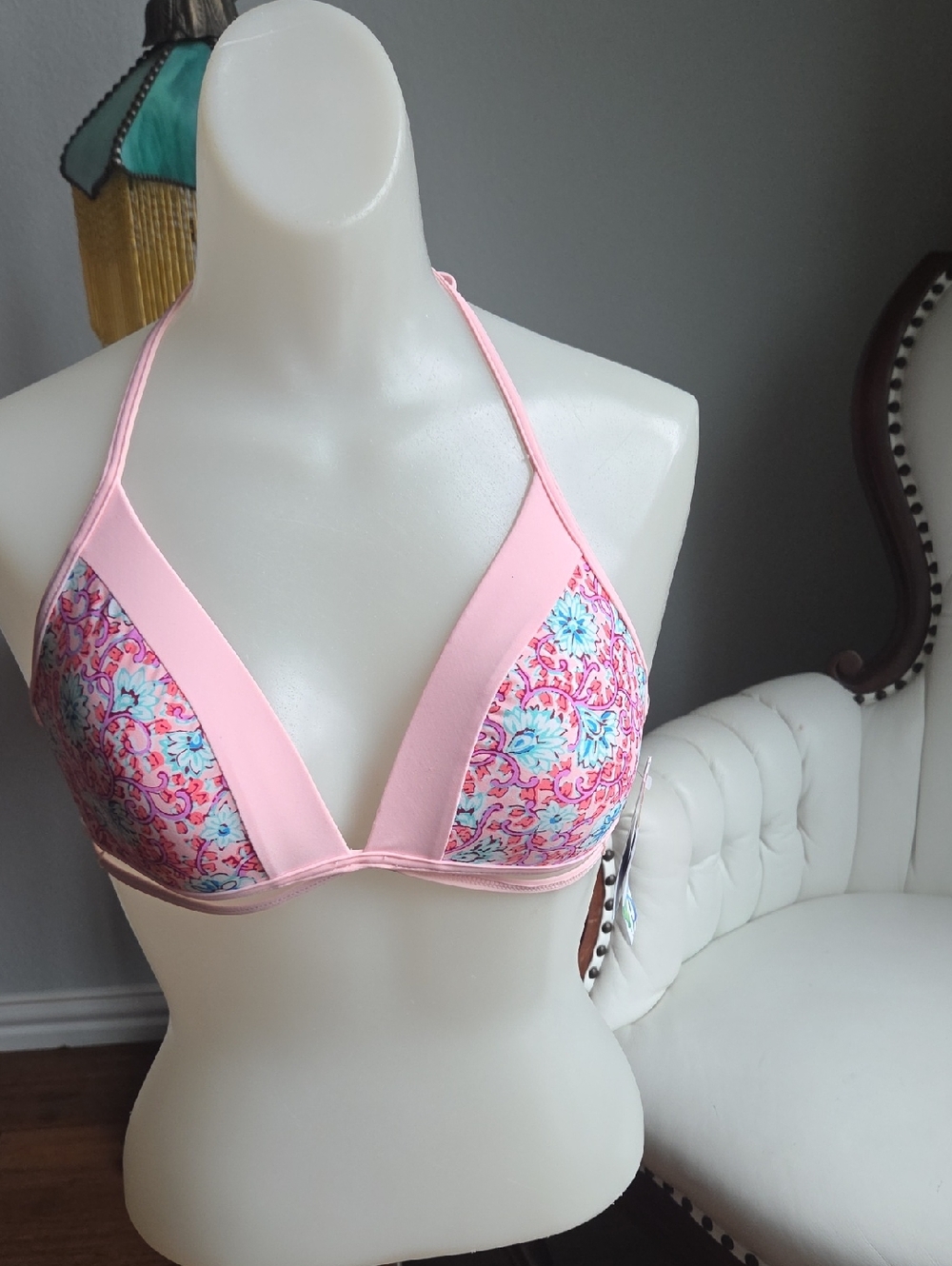 Malibu Pink Floral Halter Bikini Top